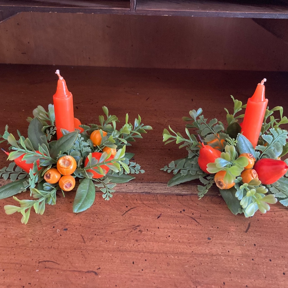 Vintage Set of 2 Plastic Floral Candle Rings Fall Decor Orange Pears, Berries